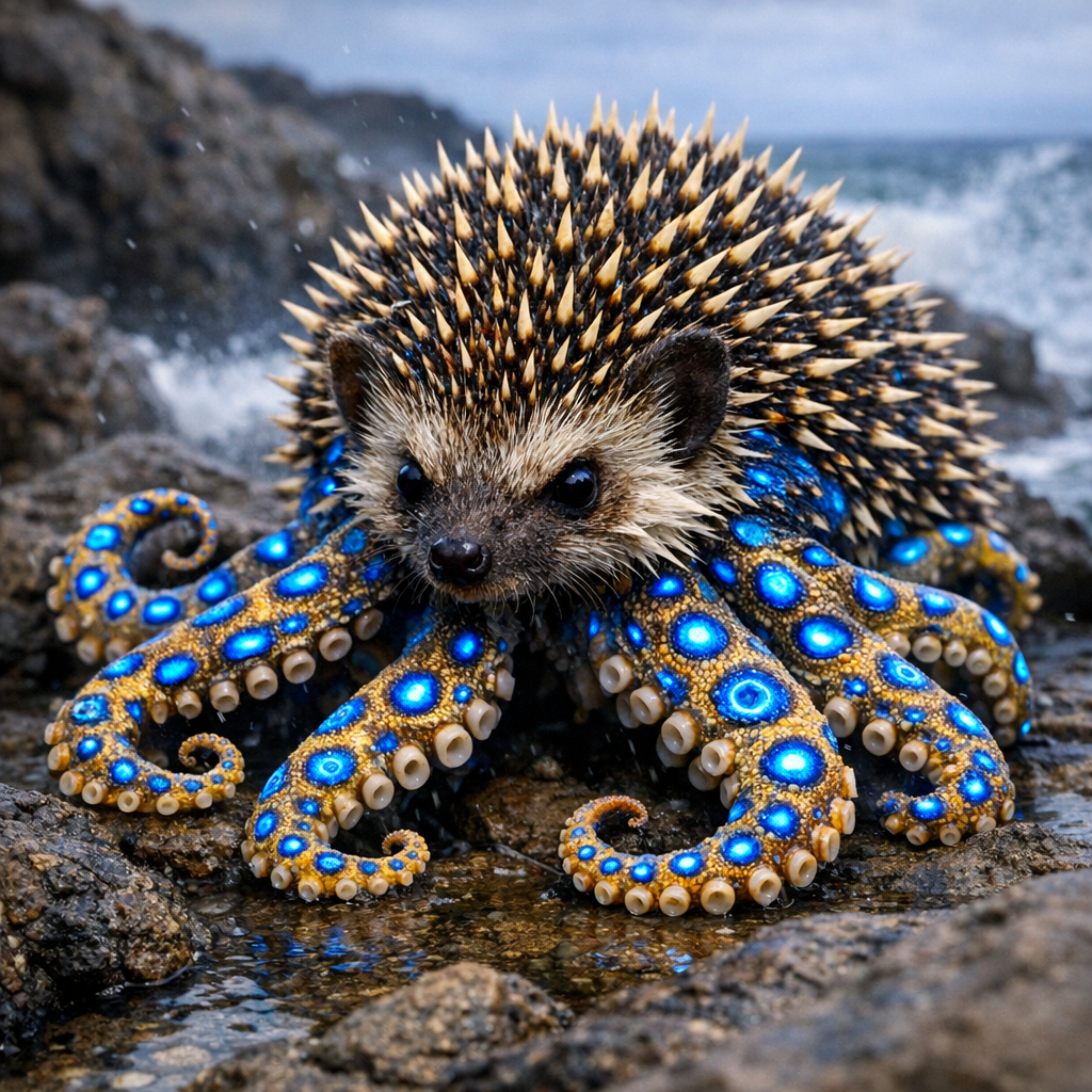 Hedgehoggapus, an AI-generated hybrid of Hedgehog and blue ring octopus