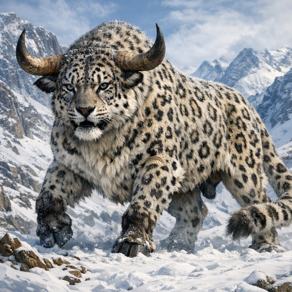 Oxleopard, an AI-generated hybrid of Ox and snow leopard