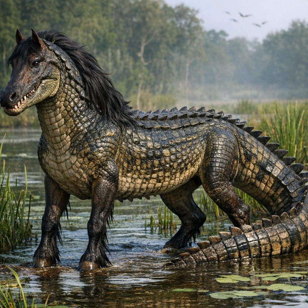 Crocophorse, an AI-generated hybrid of horse and Crocodile