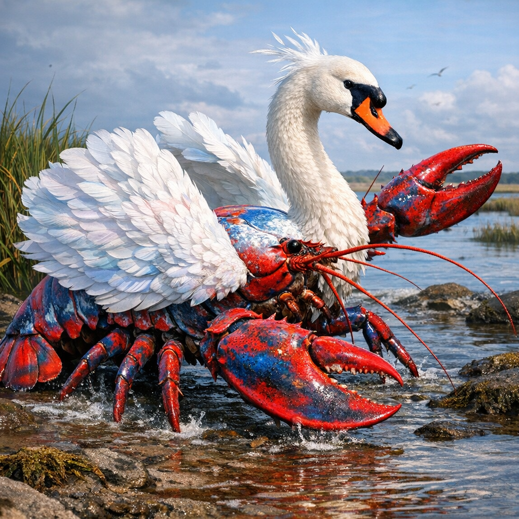 Lobwanster, an AI-generated hybrid of Lobster and Swan
