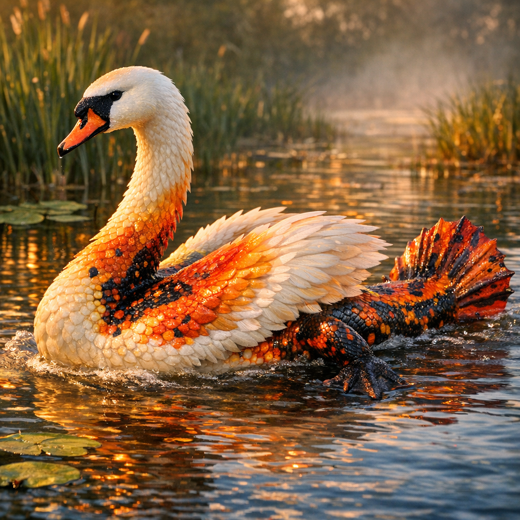 Swanamander, an AI-generated hybrid of Swan and Salamander