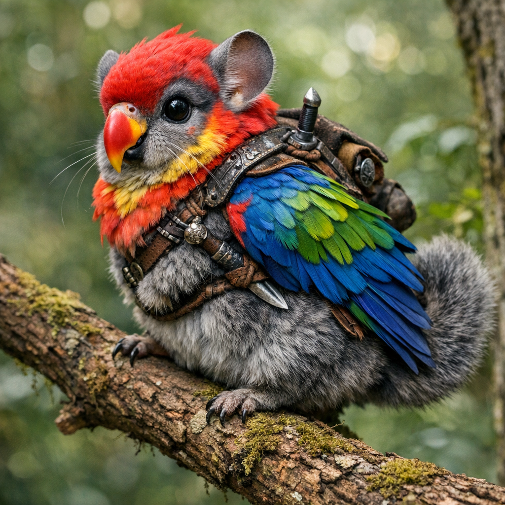 Chinchillarrot, an AI-generated hybrid of Parrot and Chinchilla