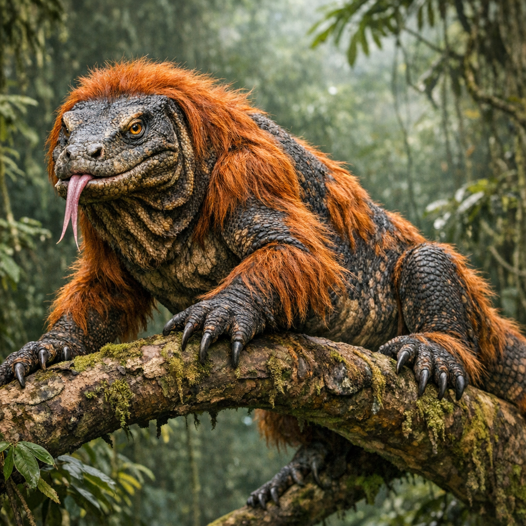 Orangodragon, an AI-generated hybrid of Komodo Dragon and Orangutan