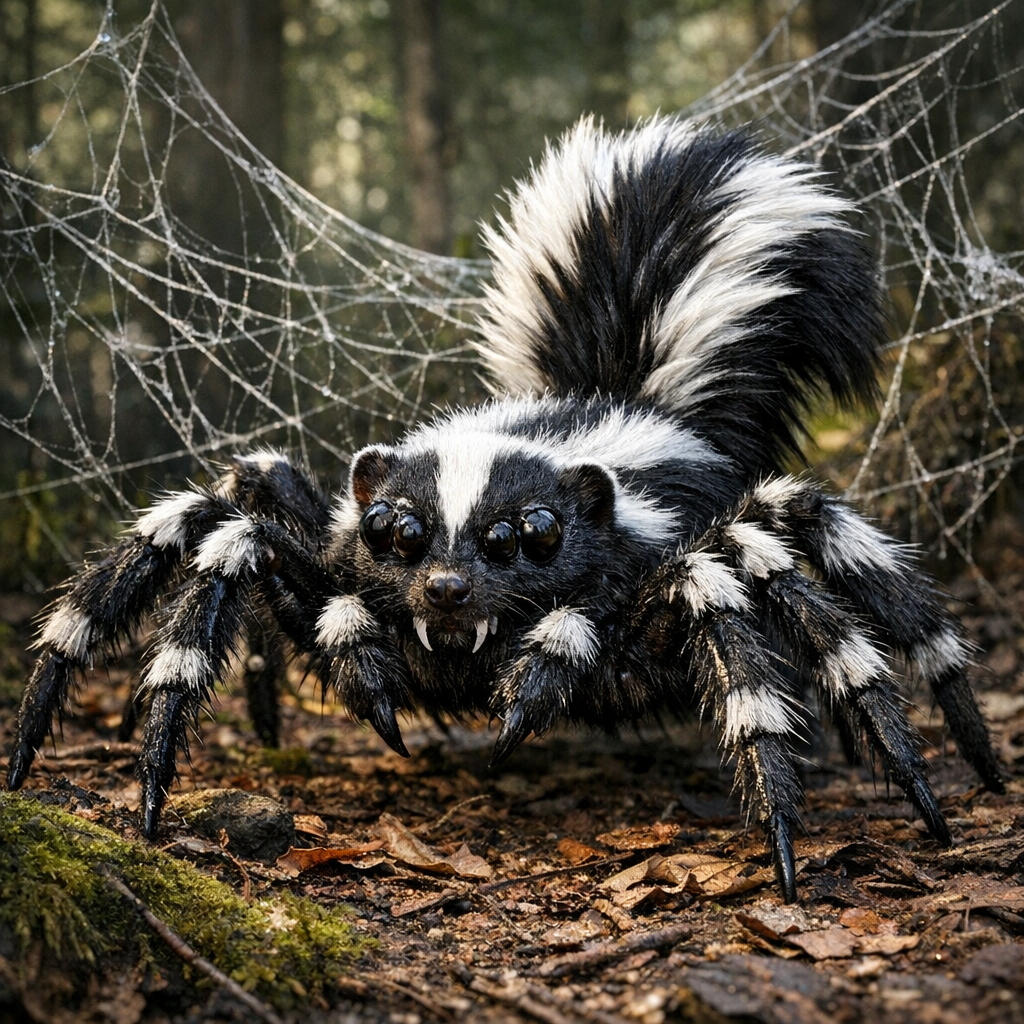 Skunkspider, an AI-generated hybrid of Skunk and Spider