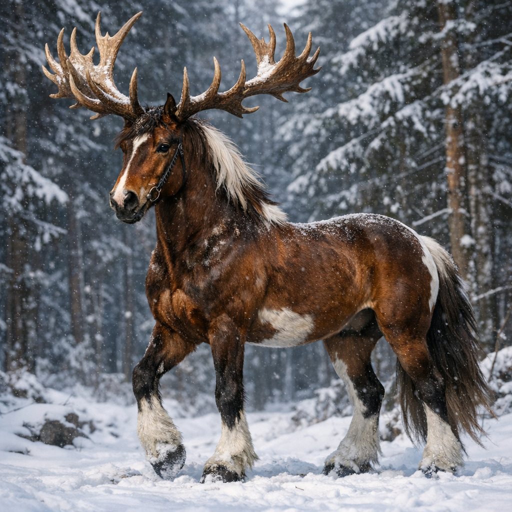 Reinhorse, an AI-generated hybrid of Reindeer and horse