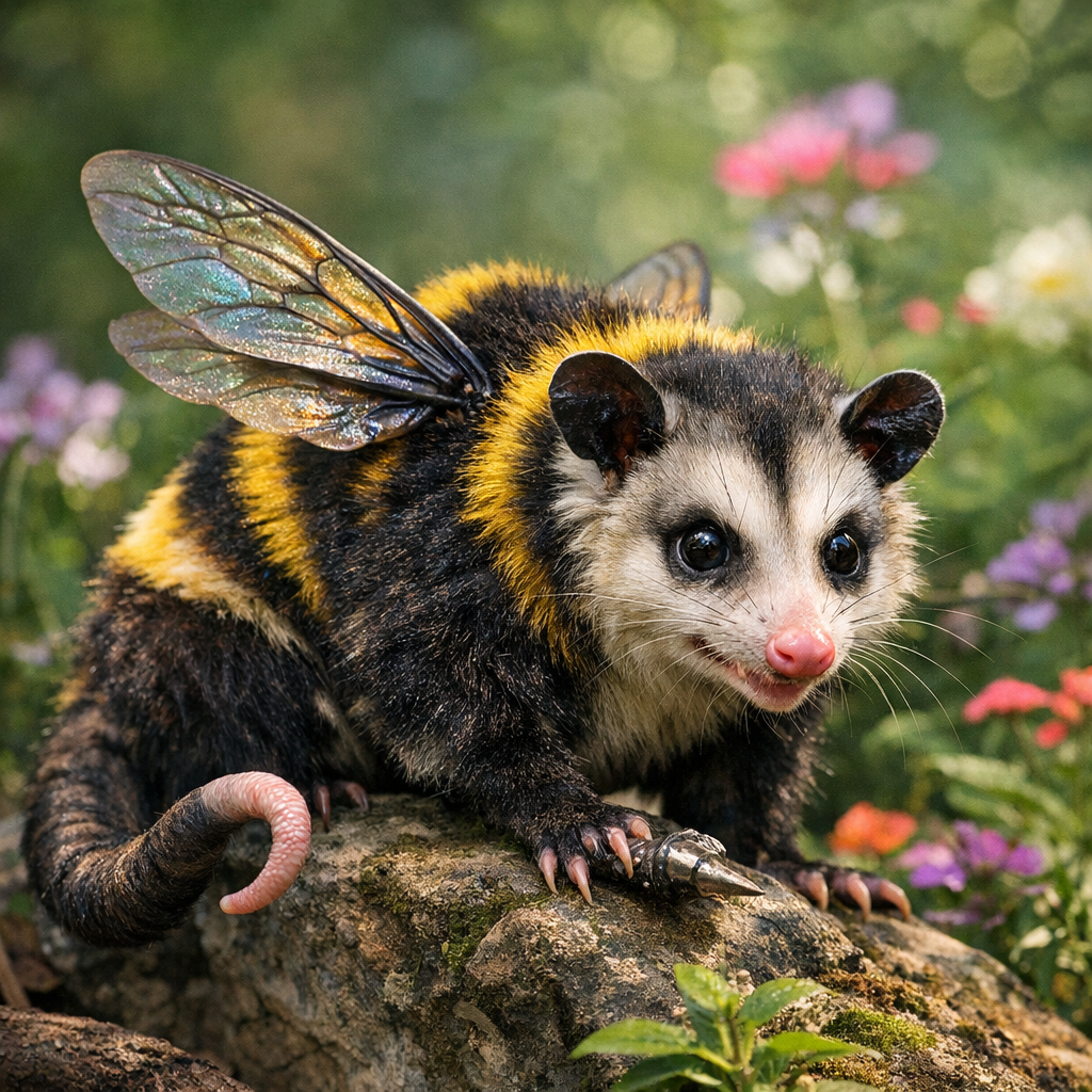 Bumblepossum, an AI-generated hybrid of Bumblebee and Opossum