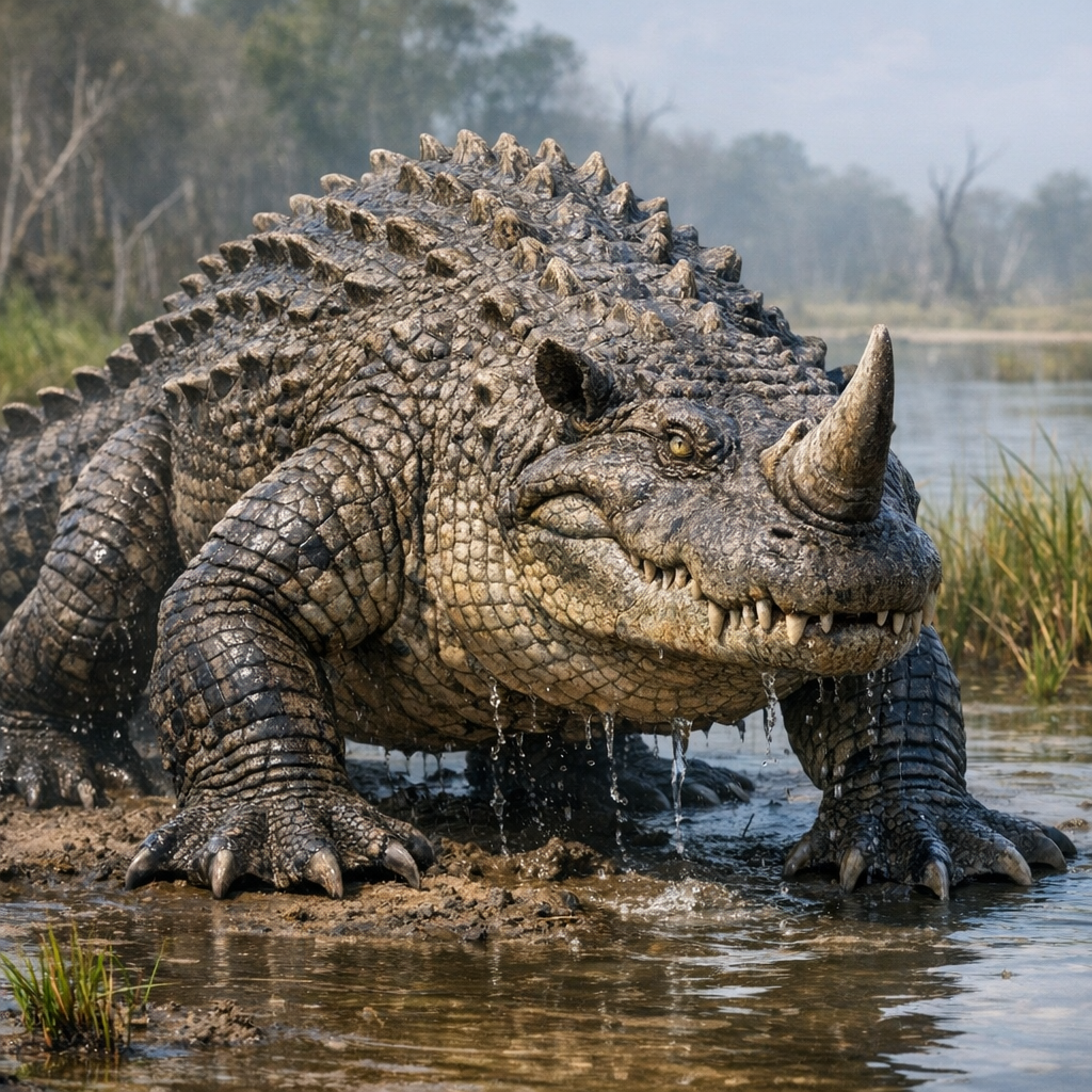 All rhinocero-croc, an AI-generated hybrid of Alligator and Rhinoceros