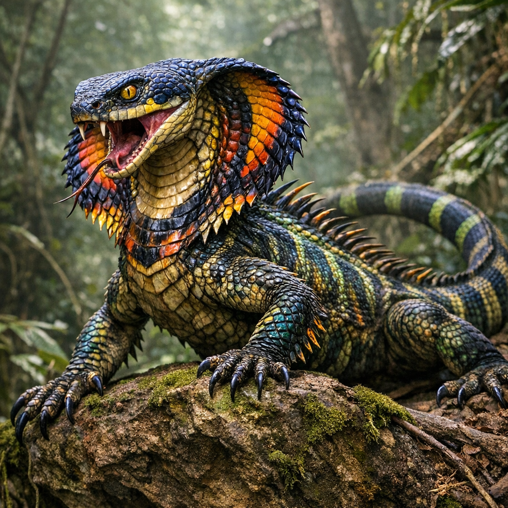 Cobriguana, an AI-generated hybrid of Cobra and Iguana