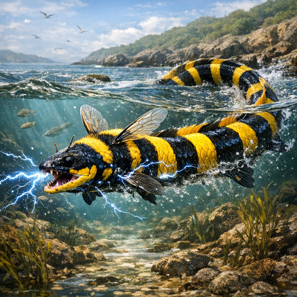 Eelbee, an AI-generated hybrid of Eel and Bumblebee