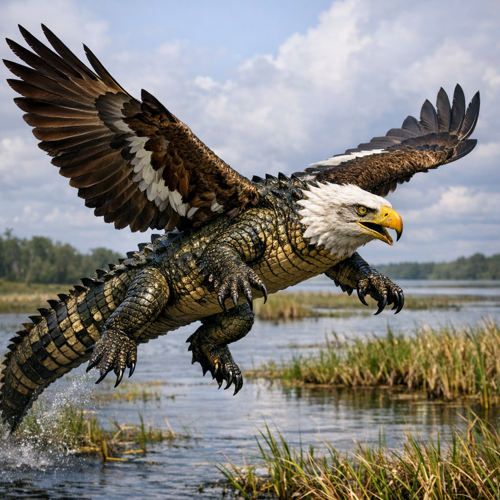 Alliagle, an AI-generated hybrid of Alligator and Bald Eagle