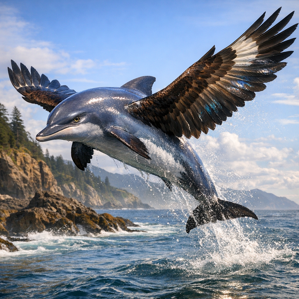 Dolphagle, an AI-generated hybrid of Dolphin and Bald Eagle