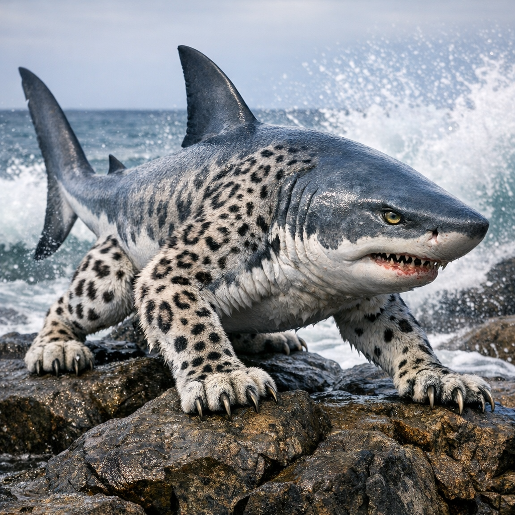 Leoshark, an AI-generated hybrid of snow leopard and great white shark