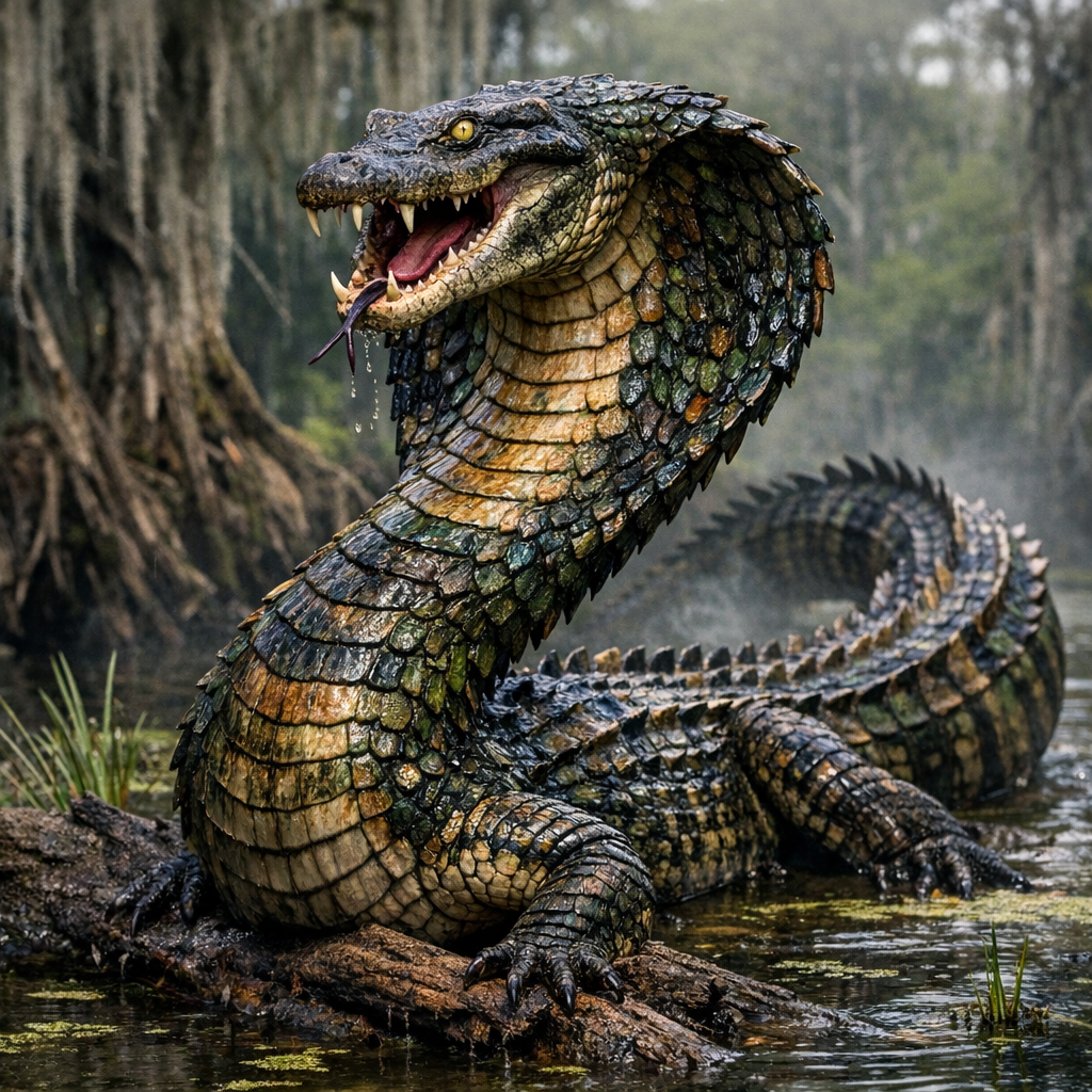CobraGator, an AI-generated hybrid of Alligator and Cobra