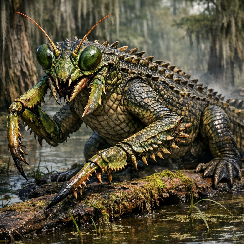 Alligantus, an AI-generated hybrid of Alligator and Mantis