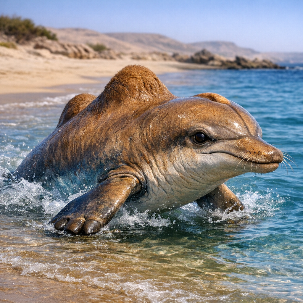 Dolphamel, an AI-generated hybrid of Dolphin and Camel