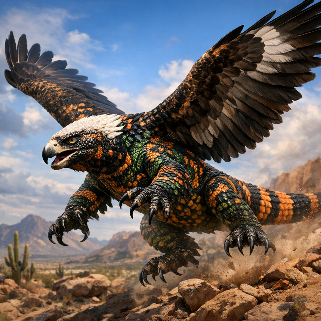 Gila Eagle, an AI-generated hybrid of Gila monster and Bald Eagle