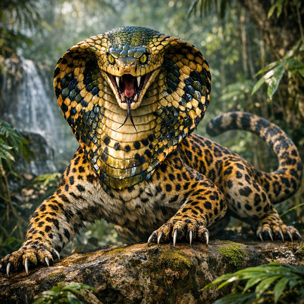 Cobropard, an AI-generated hybrid of Cobra and Leopard
