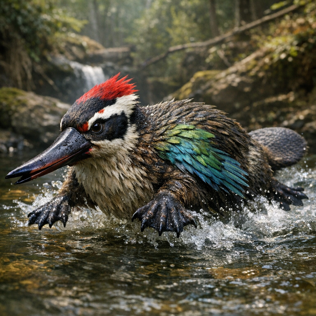 Woodplat, an AI-generated hybrid of Woodpecker and Platypus