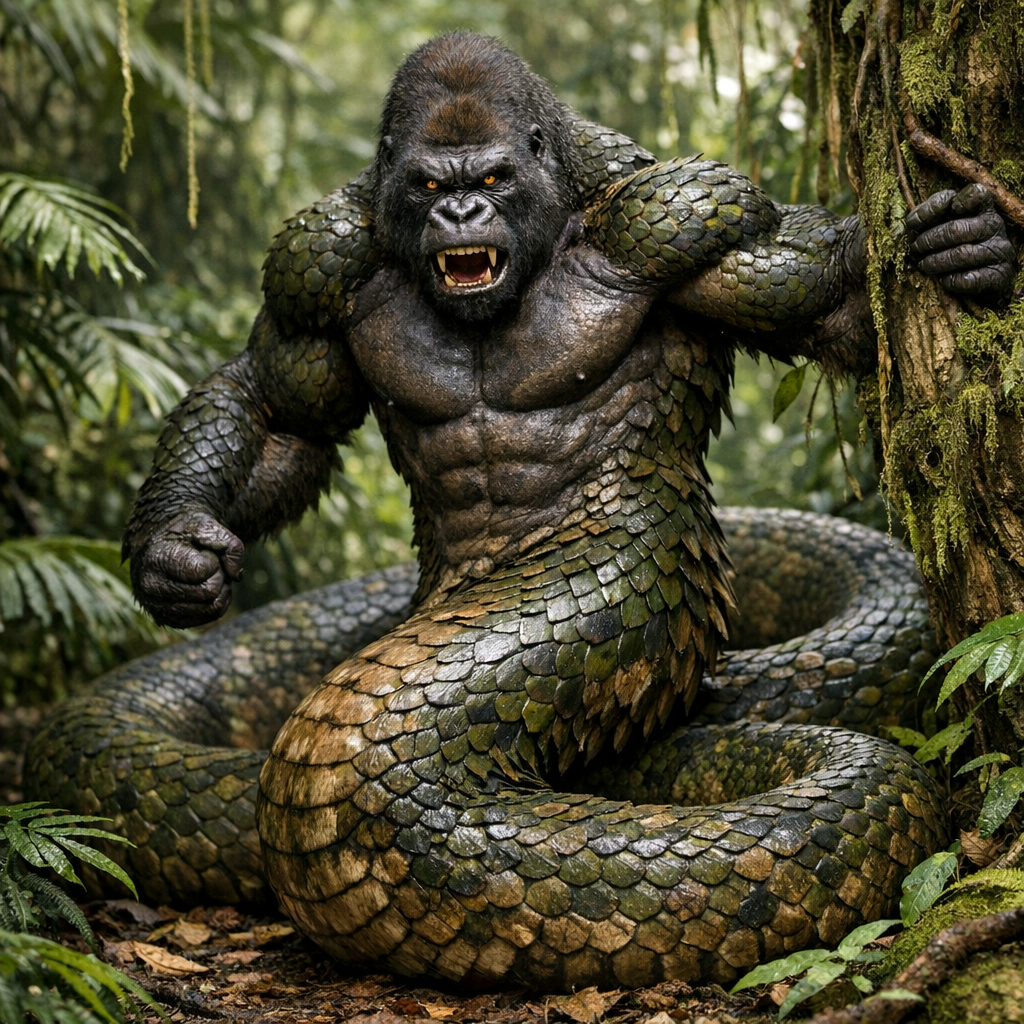 Gorilasnake, an AI-generated hybrid of Gorilla and Snake