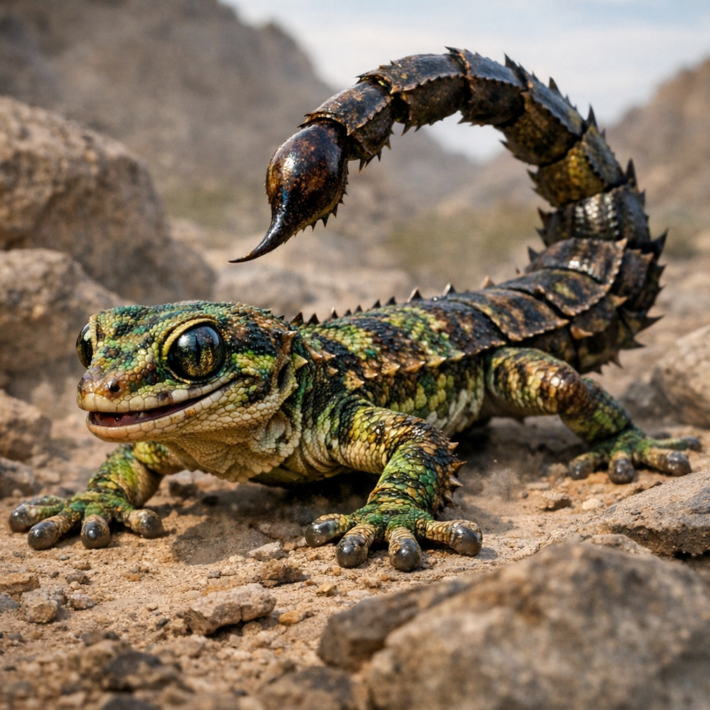 Geckorpion, an AI-generated hybrid of Gecko and Scorpion