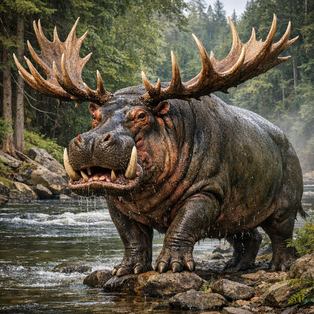 Hippoelk, an AI-generated hybrid of Hippopotamus and Elk