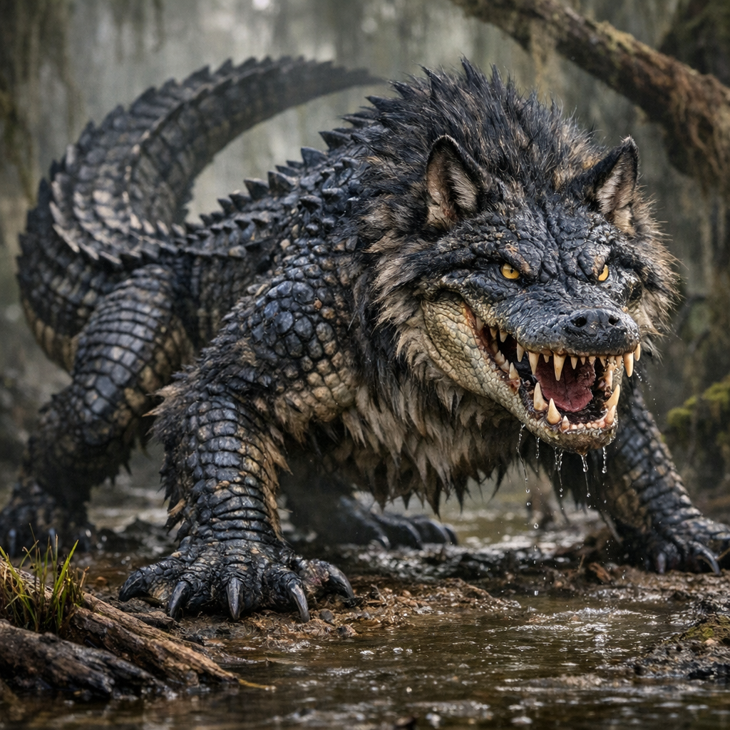 Alliwolf, an AI-generated hybrid of Alligator and Wolf