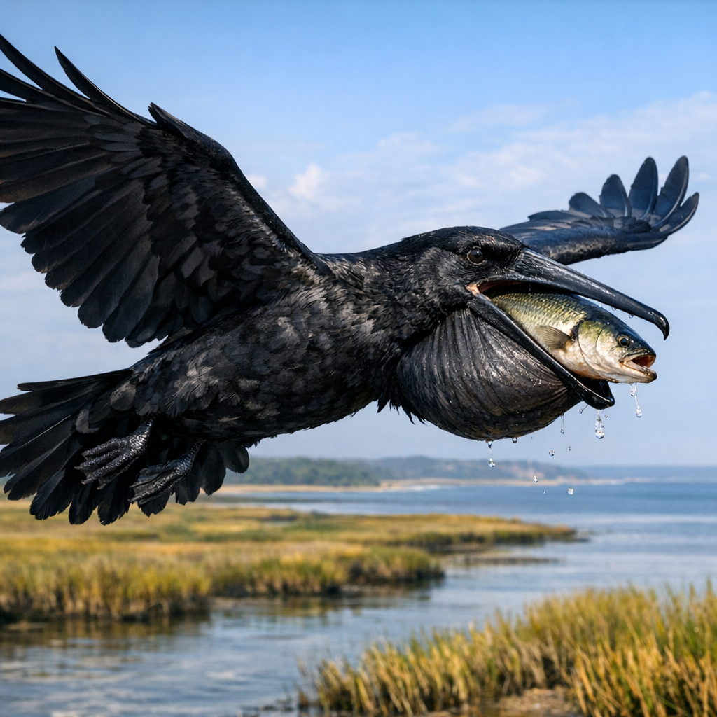 Crowlican, an AI-generated hybrid of Crow and Pelican