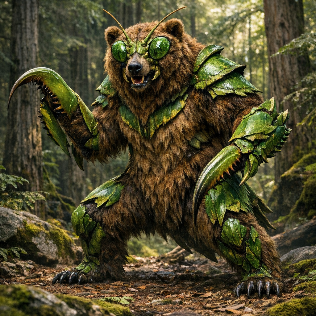 Bearmantis, an AI-generated hybrid of Bear and Mantis