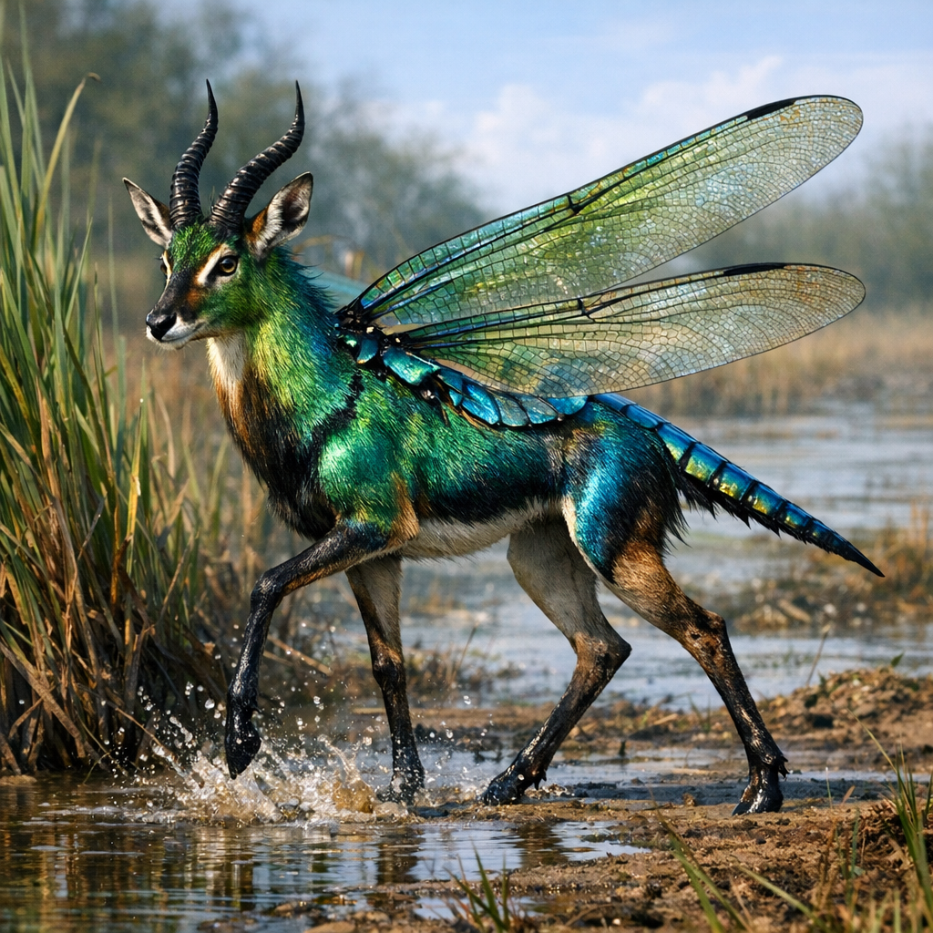 Antelodragon, an AI-generated hybrid of Antelope and Dragonfly