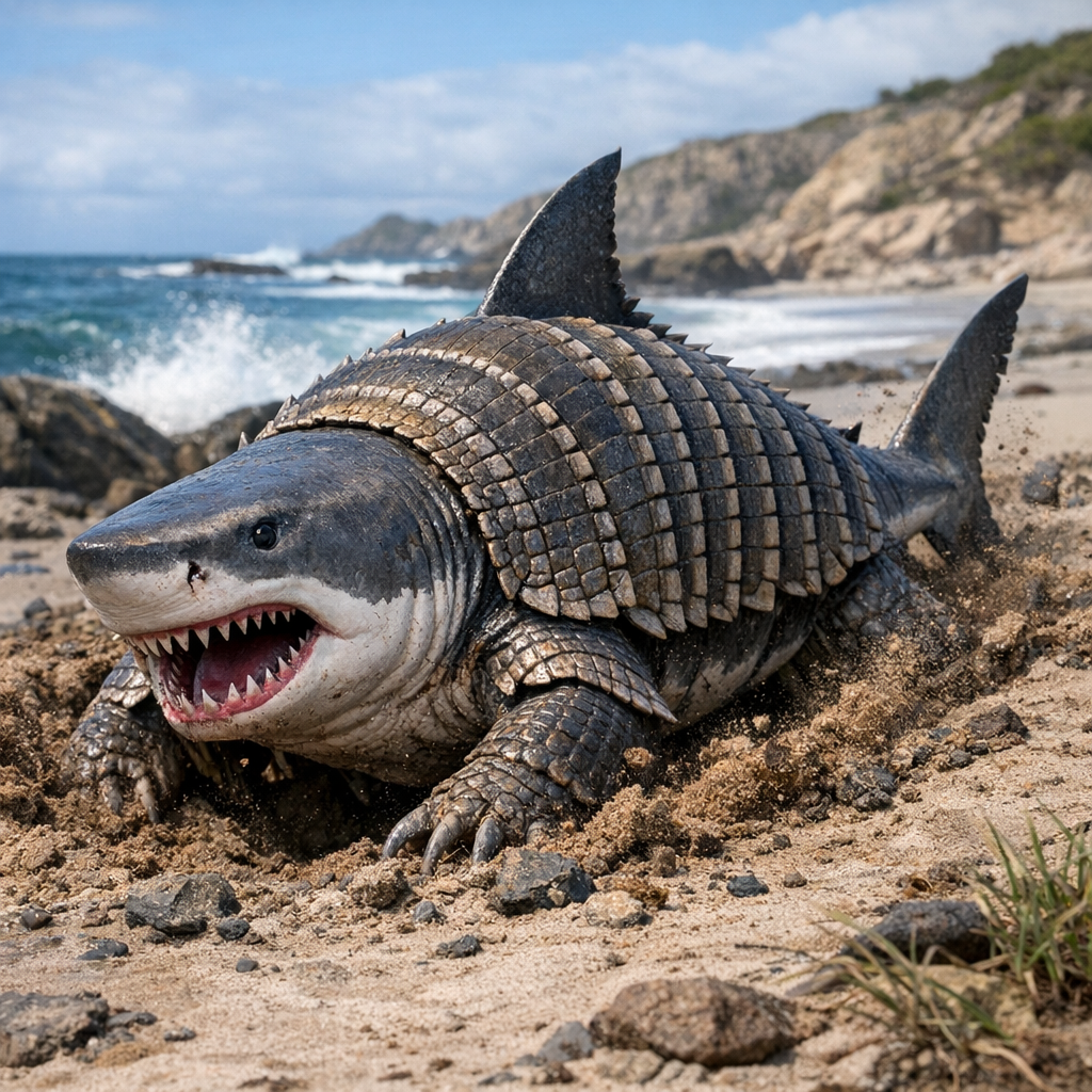 Sharkdillo, an AI-generated hybrid of great white shark and Armadillo