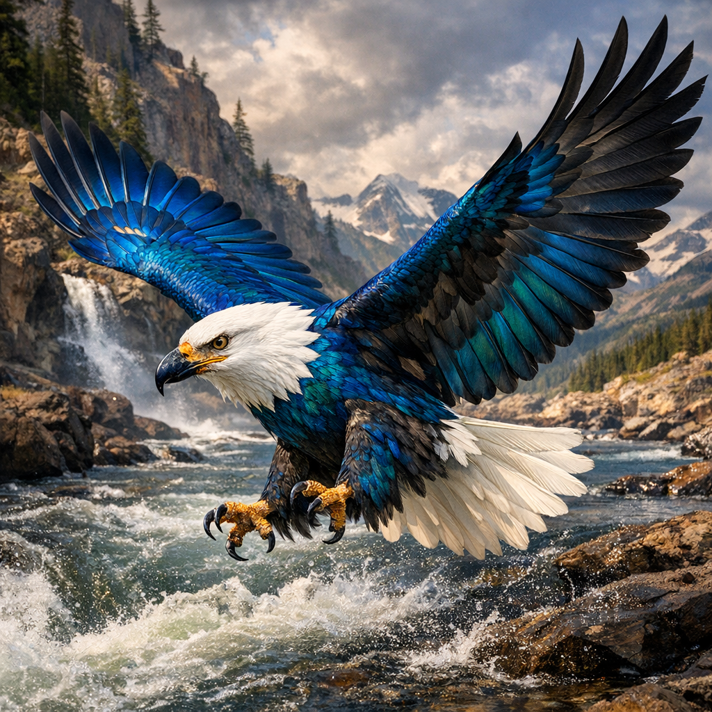 KingEagle, an AI-generated hybrid of Kingfisher and Bald Eagle
