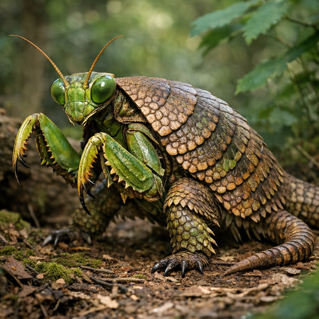 Mantisillo, an AI-generated hybrid of Mantis and Armadillo