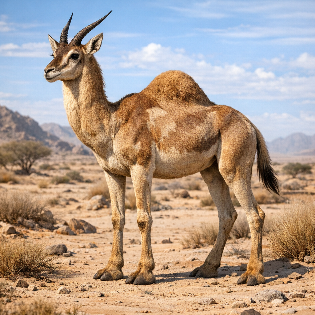 Antolamel, an AI-generated hybrid of Antelope and Camel