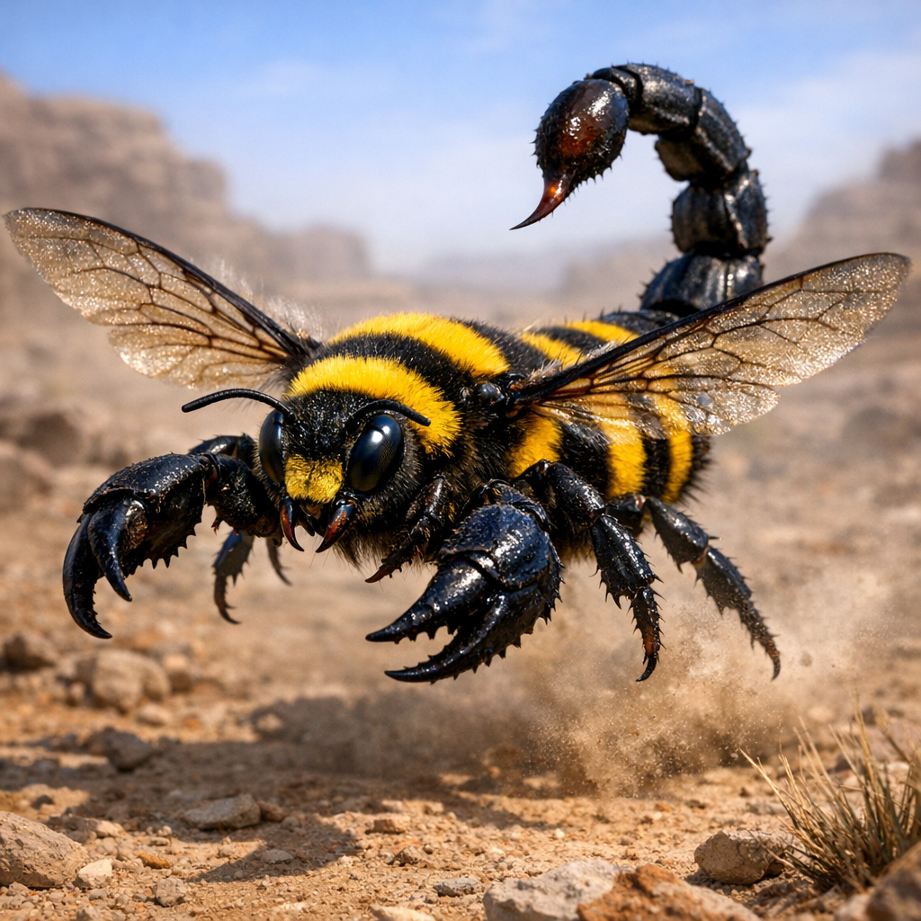 Bumblecorpio, an AI-generated hybrid of Bumblebee and Scorpion
