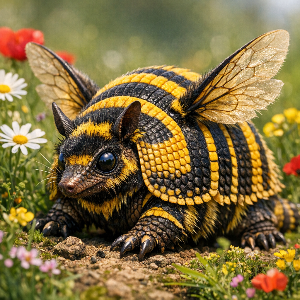 Bumbledillo, an AI-generated hybrid of Bumblebee and Armadillo