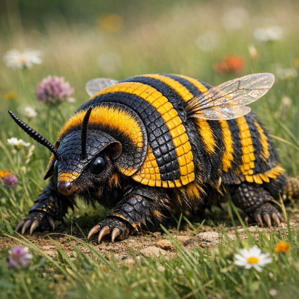 Bumbledillo, an AI-generated hybrid of Bumblebee and Armadillo
