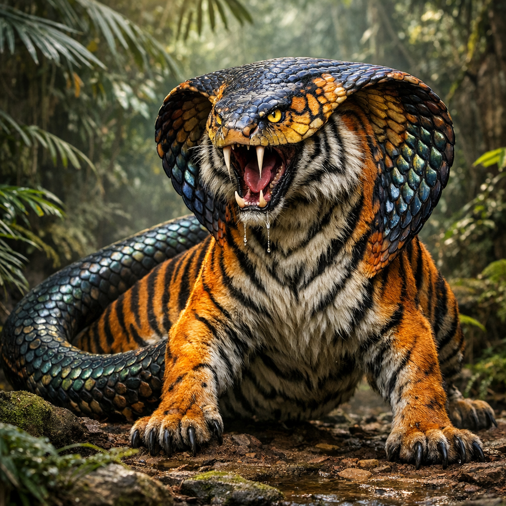 Tigobra, an AI-generated hybrid of Tiger and Cobra