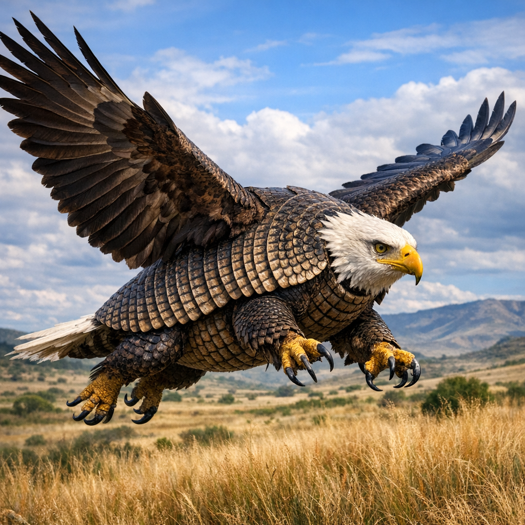 Armadagle, an AI-generated hybrid of Armadillo and Bald Eagle
