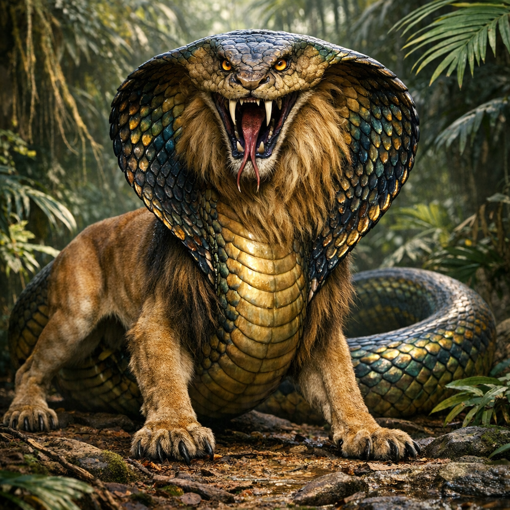 Lionobra, an AI-generated hybrid of Lion and Cobra