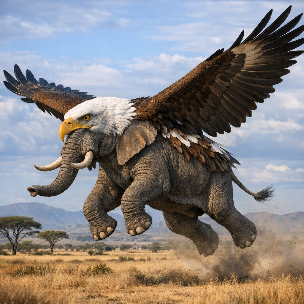 Eaglephant, an AI-generated hybrid of Bald Eagle and Elephant