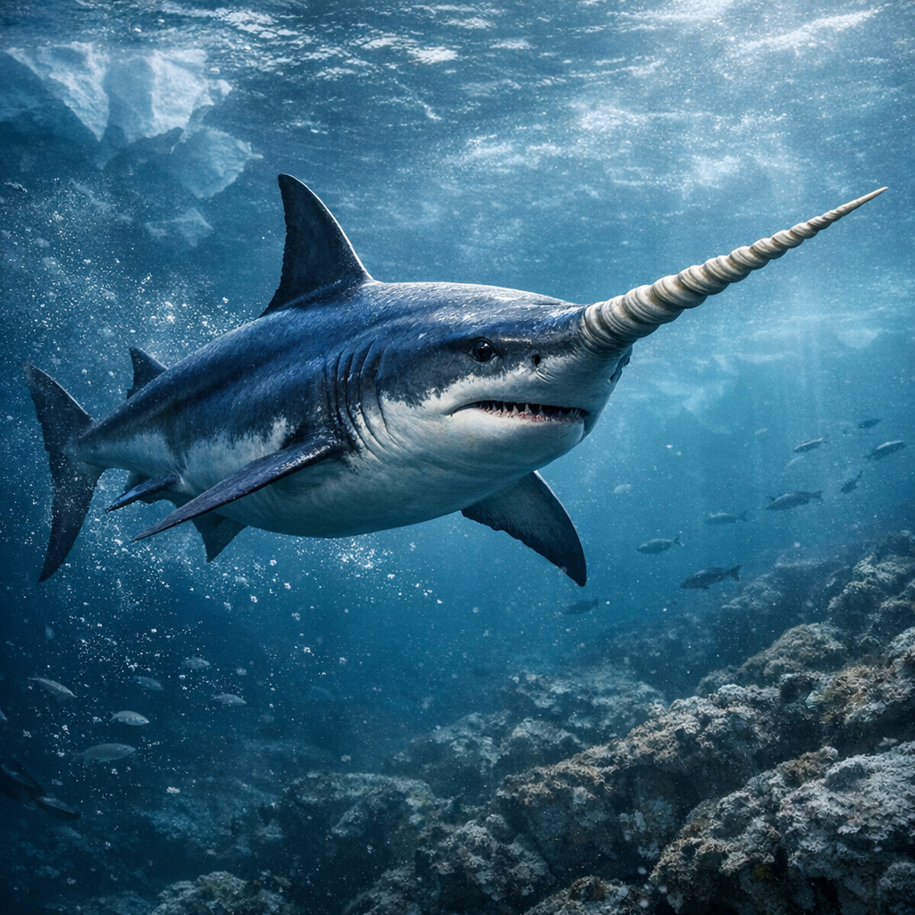 Sharnwhal, an AI-generated hybrid of Shark and Narwhal