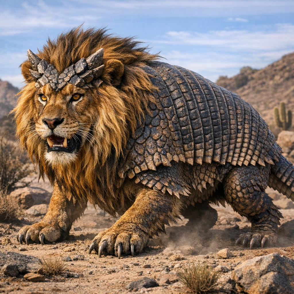 Lionarillo, an AI-generated hybrid of Lion and Armadillo