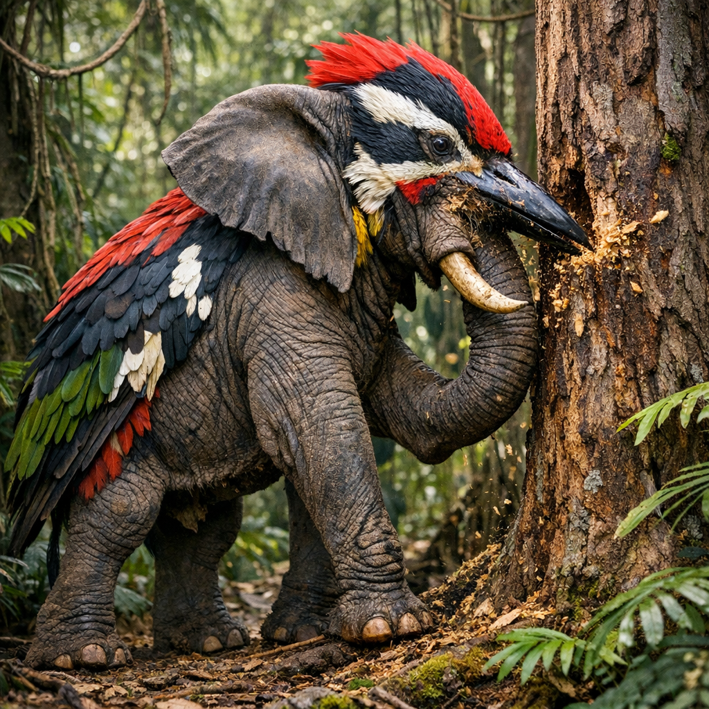 Elepecker, an AI-generated hybrid of Woodpecker and Elephant