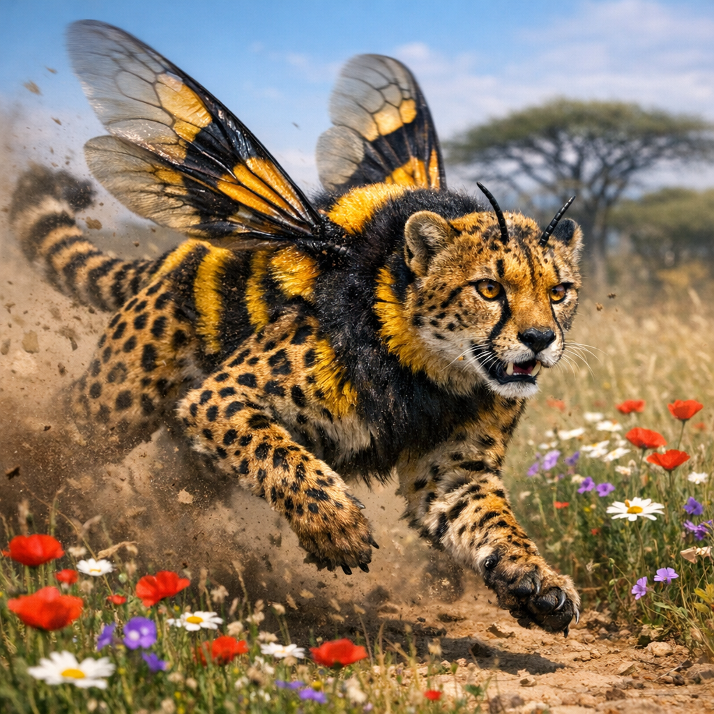 Cheetabee, an AI-generated hybrid of Cheetah and Bumblebee