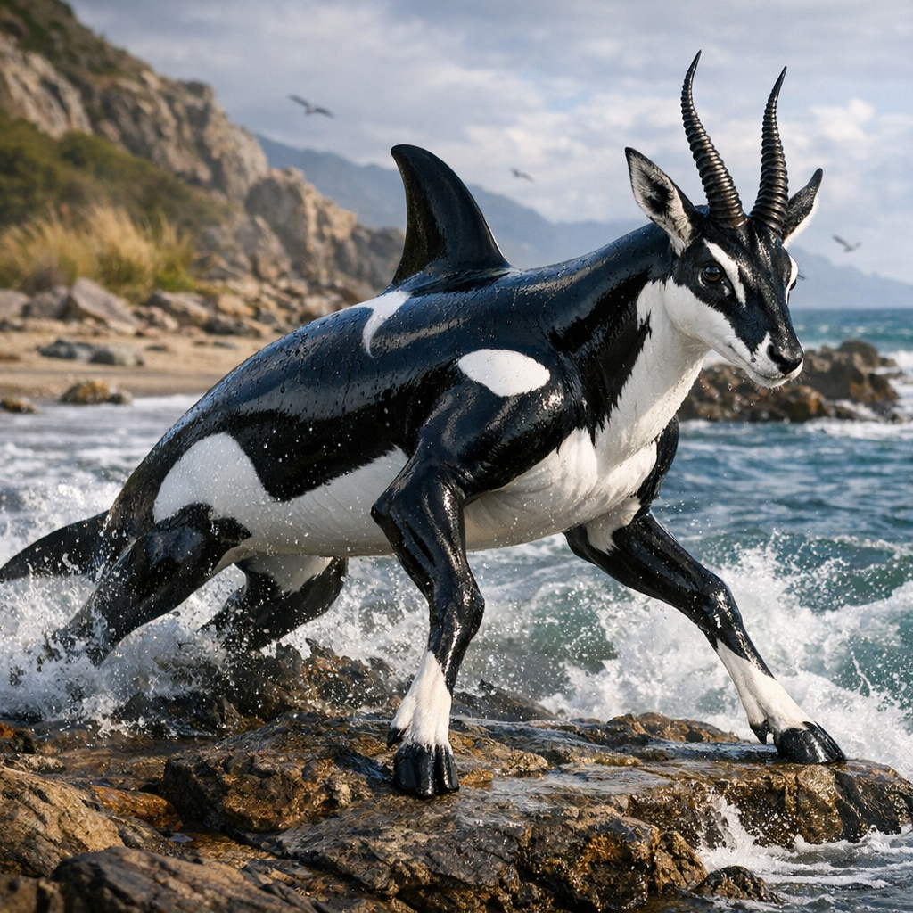 Orcazelle, an AI-generated hybrid of Gazelle and orca