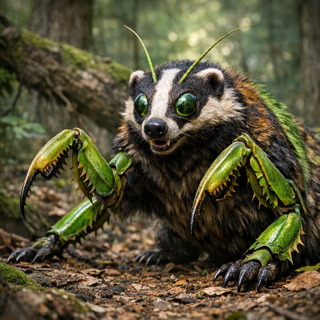 Mantisbadger, an AI-generated hybrid of Badger and Mantis