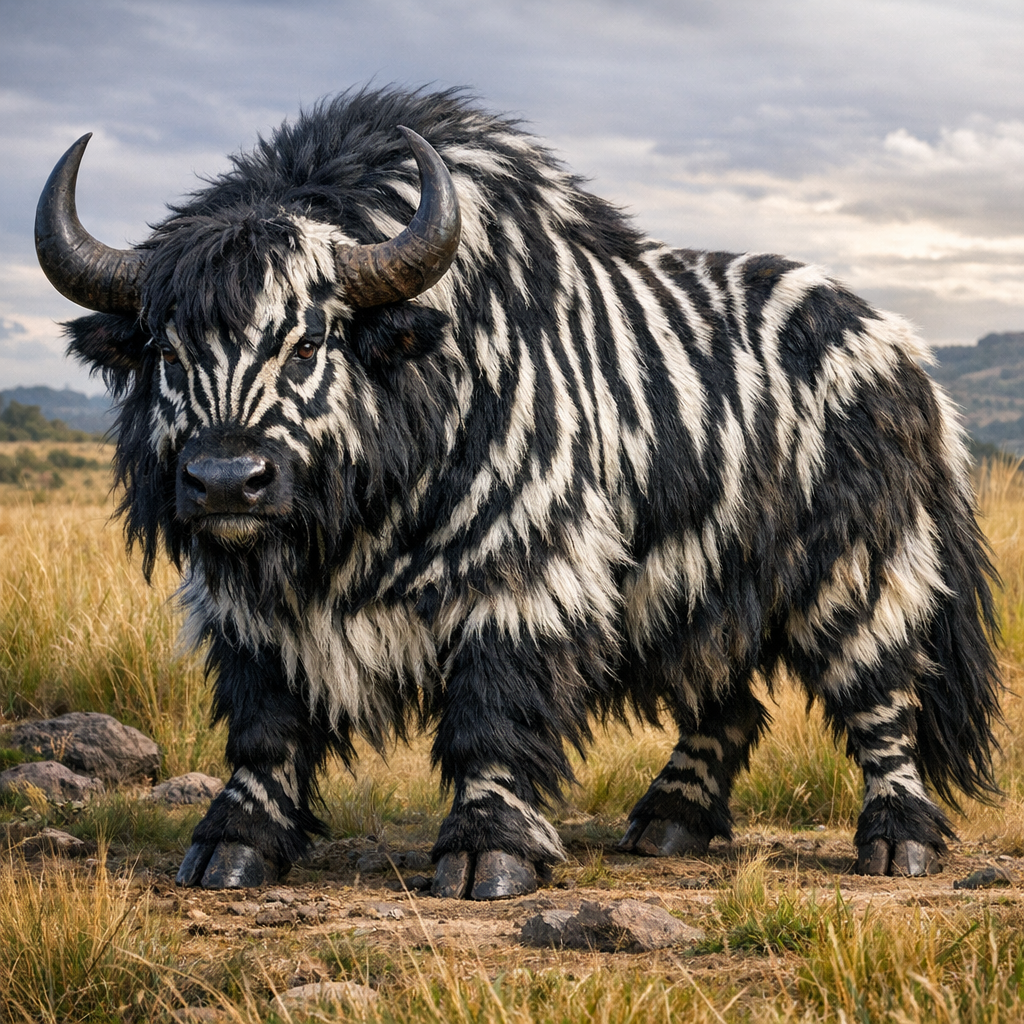 Zebrak, an AI-generated hybrid of Zebra and Yak