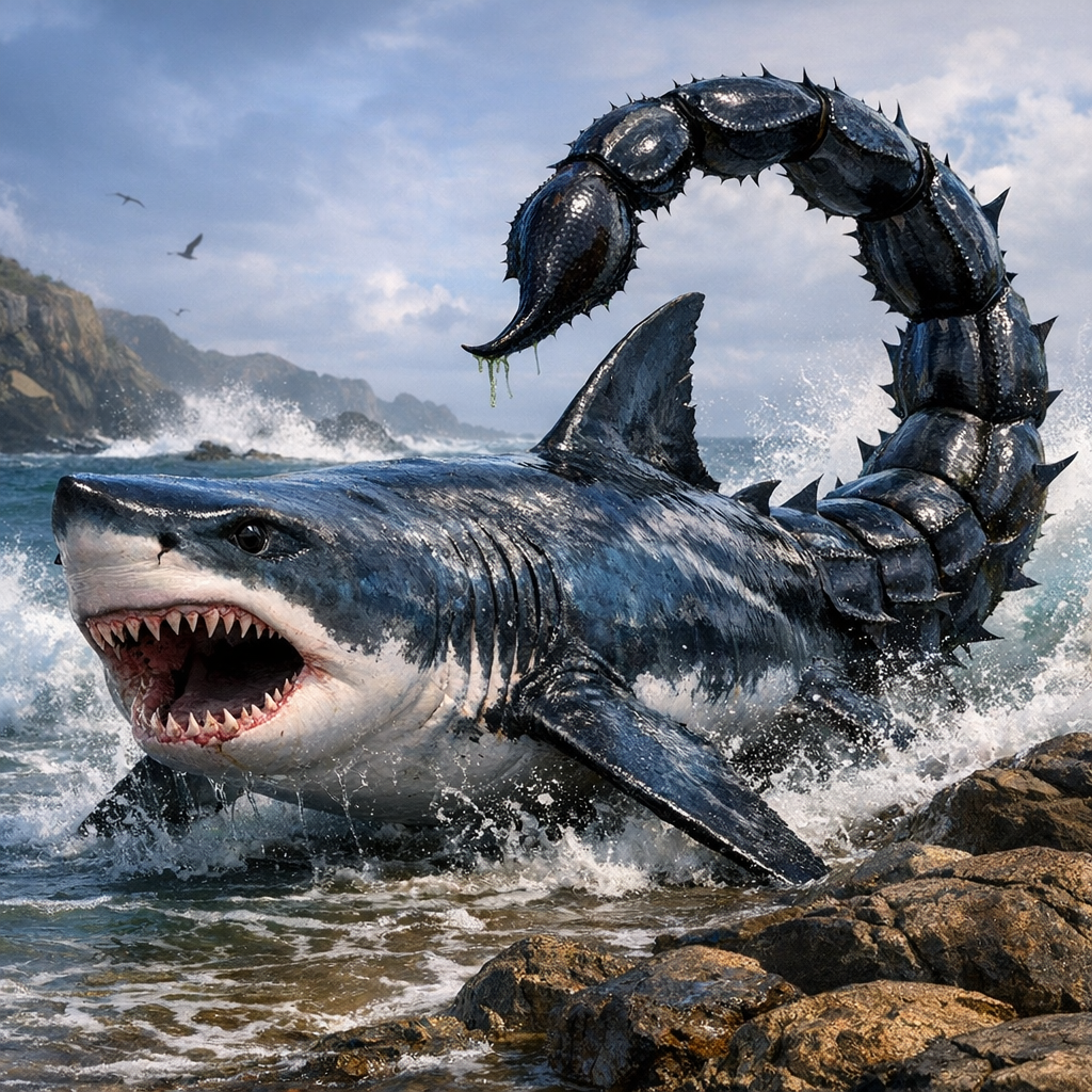 Scorpiocarcharodon, an AI-generated hybrid of Scorpion and great white shark