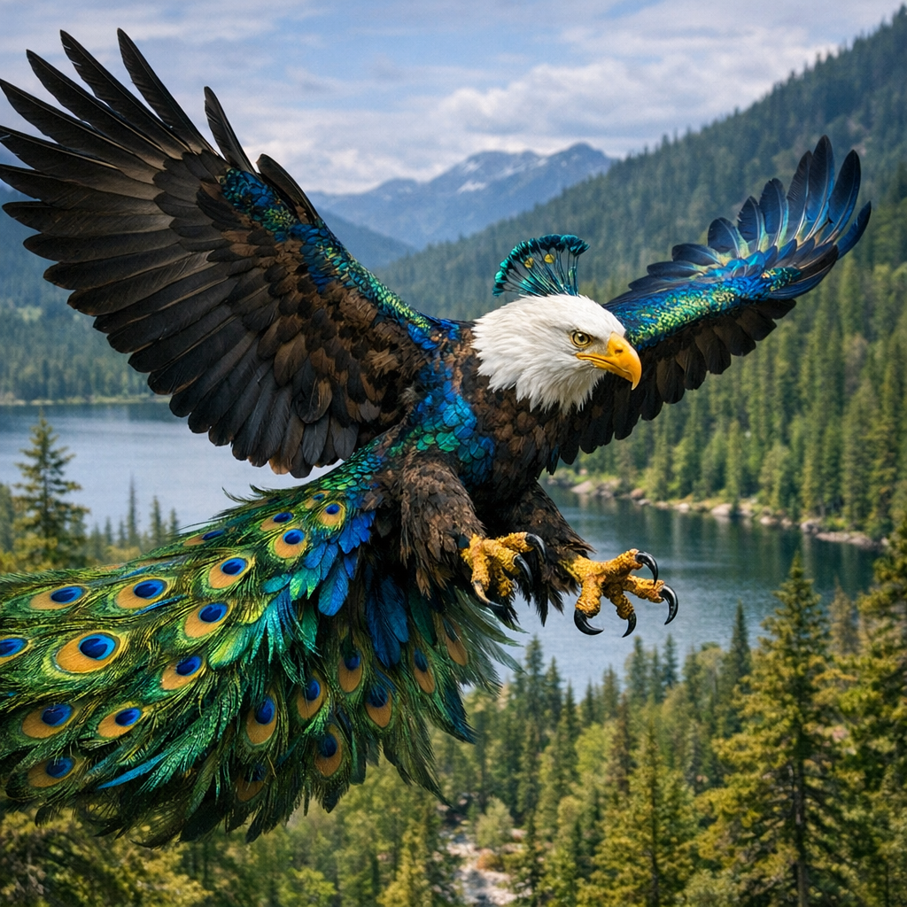 Peagle, an AI-generated hybrid of Peacock and Bald Eagle