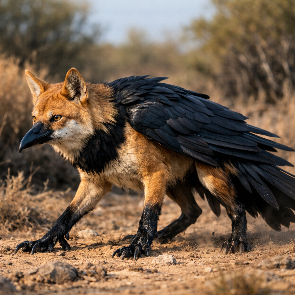 Dingrow, an AI-generated hybrid of Dingo and Crow
